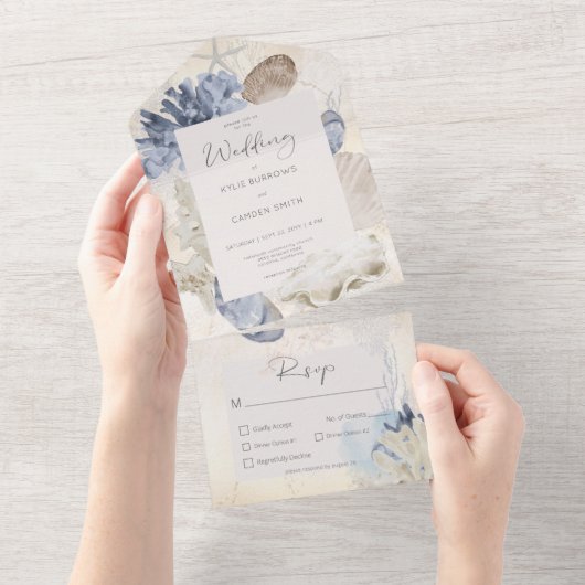 Rustiek Blue Ocean Beach Cream Diner All In One Uitnodiging (Afscheurbaar)