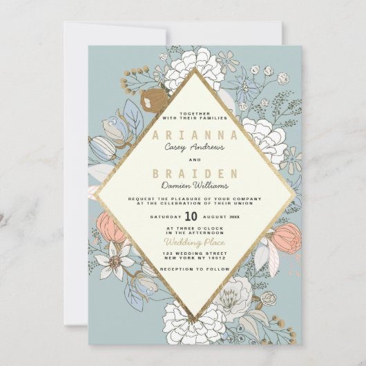 Rustiek Blush Blauw Koraal Goud Bloemen Ivoor Brui Kaart (Voorkant)