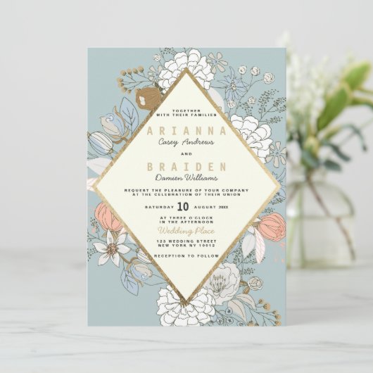 Rustiek Blush Blauw Koraal Goud Bloemen Ivoor Brui Kaart (Staand voorkant)