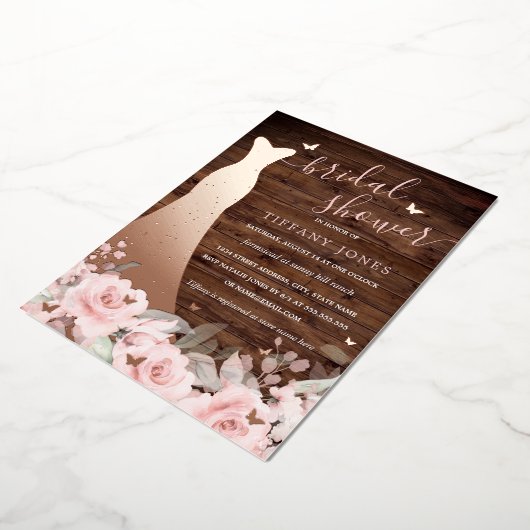 Rustiek Blush Bloemen Jurk Roos Goud Vrijgezellenf Folie Uitnodiging (Gedraaid)