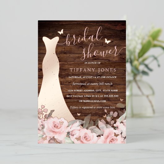 Rustiek Blush Bloemen Jurk Roos Goud Vrijgezellenf Folie Uitnodiging (Staand Voorkant)