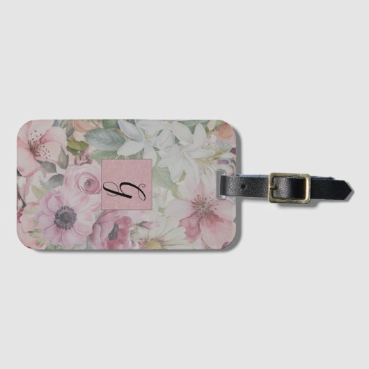 Rustiek  Blush Roze Bloempatroon Monogram Bagagelabel (Voorkant (horizontaal))