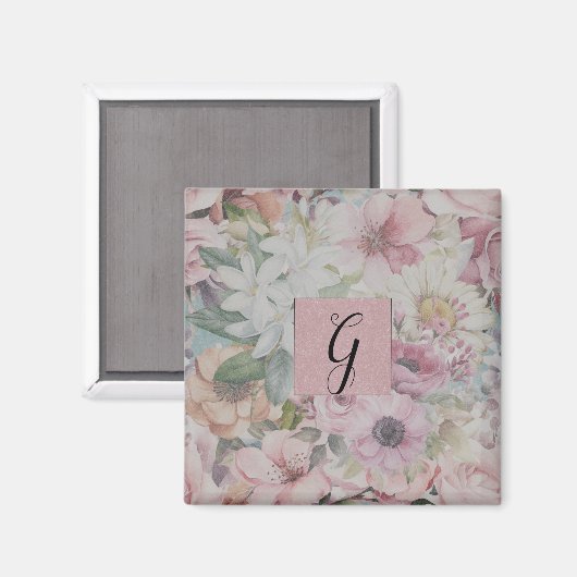 Rustiek  Blush Roze Bloempatroon Monogram Magneet (Voorkant / Achterkant)