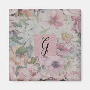 Rustiek  Blush Roze Bloempatroon Monogram Magneet