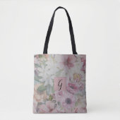 Rustiek  Blush Roze Bloempatroon Monogram Tote Bag (Voorkant)