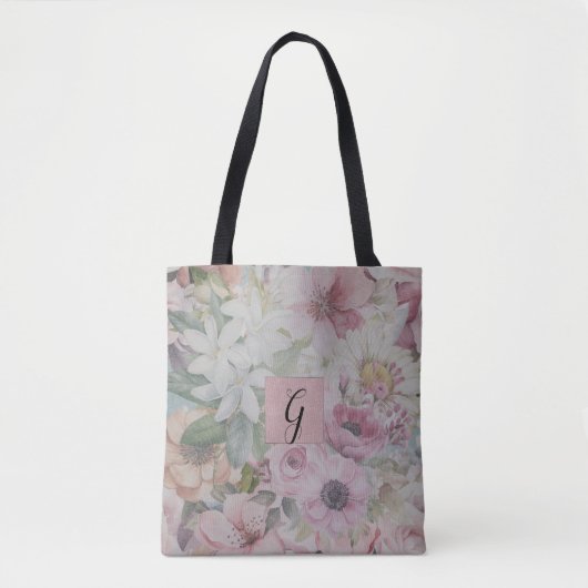 Rustiek Blush Roze Bloempatroon Monogram Tote Bag (Voorkant)