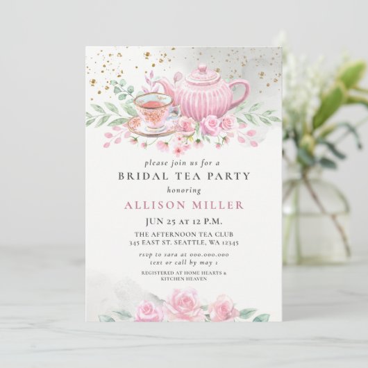 Rustiek Blush Roze Gouden Tea Party Vrijgezellenfe Kaart (Staand voorkant)