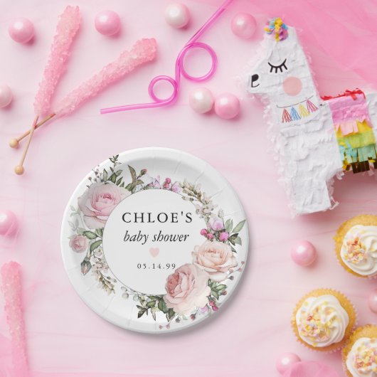 Rustiek Blush Roze Rose Bloemen Baby shower Papieren Bordje (Feest)