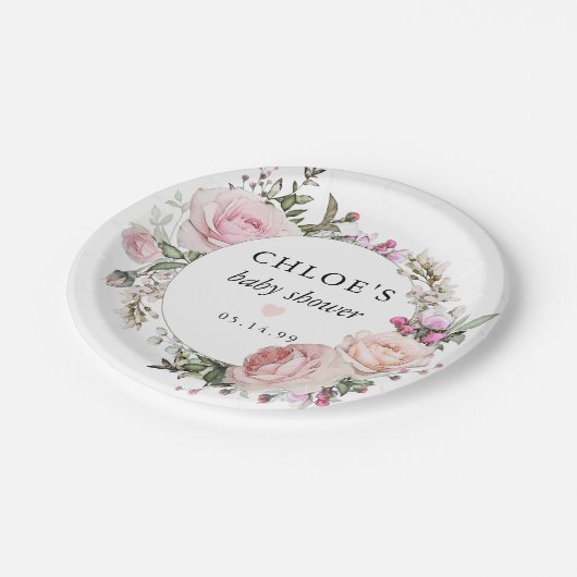 Rustiek Blush Roze Rose Bloemen Baby shower Papieren Bordje (Gekanteld)