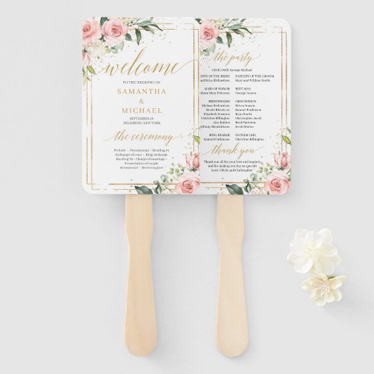 Rustiek blush roze rozen eucalyptus goud programma handwaaier (Voorkant en achterkant)