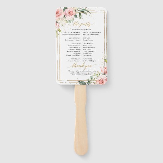 Rustiek blush roze rozen eucalyptus goud programma handwaaier (Achterkant)