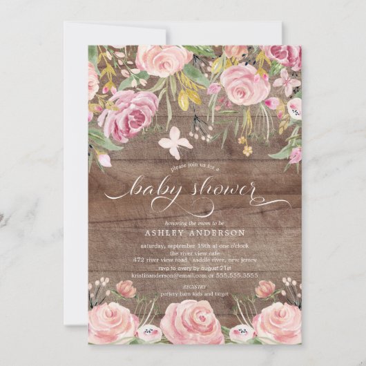 Rustiek Blush Roze Waterverf Bloemen Baby shower Kaart (Voorkant)