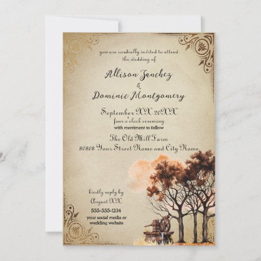 Rustiek Boerderij Bomen Romantische herfstbruiloft Kaart (Voorkant)