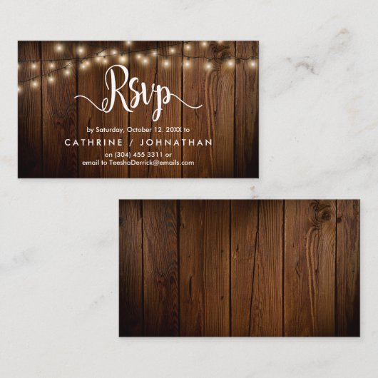 Rustiek Boerderij Hout, String Lights, RSVP reager Informatiekaartje (Voorkant / Achterkant)