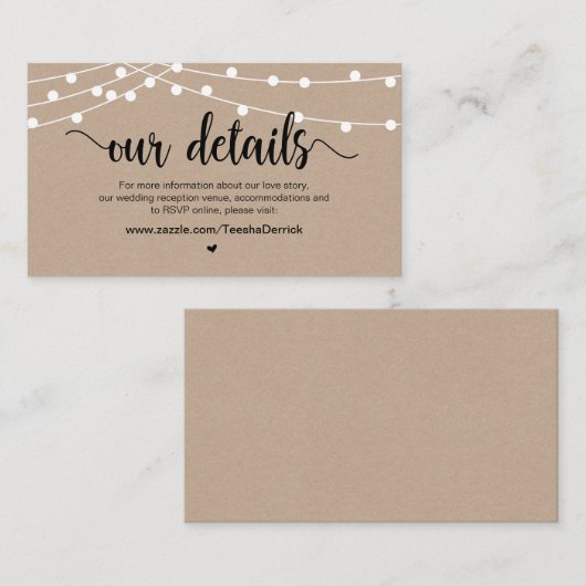 Rustiek Boerderij String Lights, bruiloft Details Informatiekaartje (Voorkant / Achterkant)