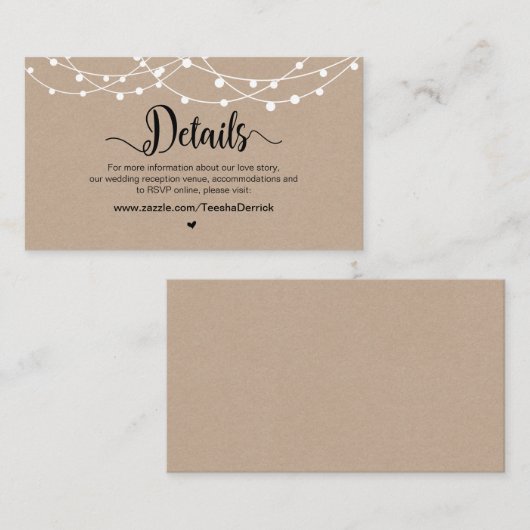Rustiek Boerderij String Lights, bruiloft Details Informatiekaartje (Voorkant / Achterkant)