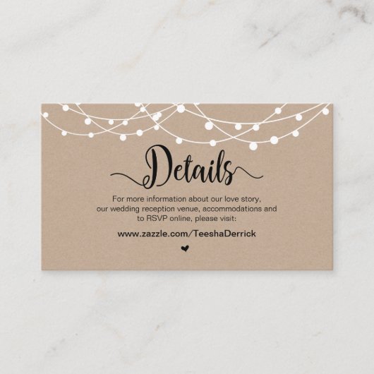 Rustiek Boerderij String Lights, bruiloft Details Informatiekaartje (Voorkant)
