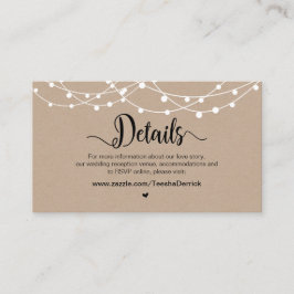 Rustiek Boerderij String Lights, bruiloft Details Informatiekaartje