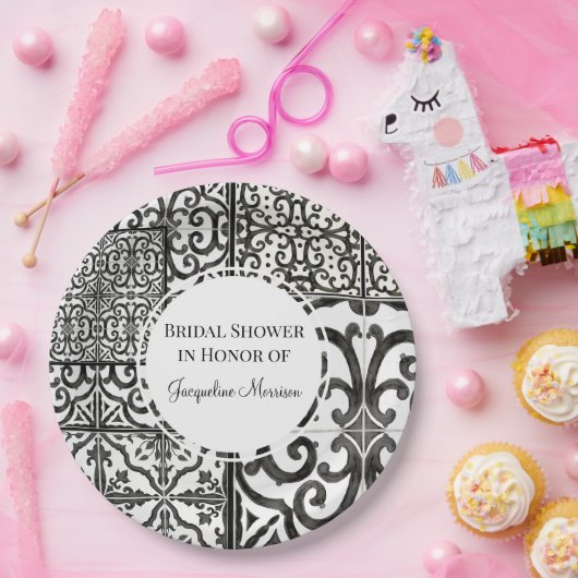 Rustiek Boerderij Tegel Patroon Zwart Wit Vrijgeze Papieren Bordje (Feest)