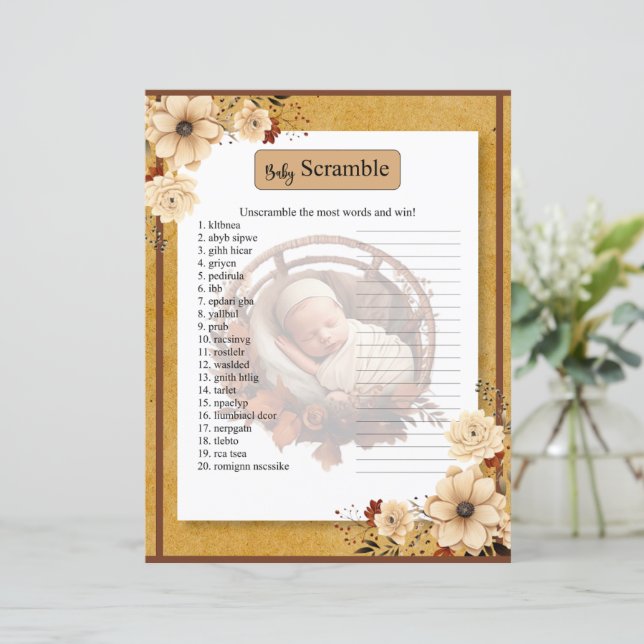 Rustiek Boho Bloemen Baby shower Woord Scramble Ga (Staand voorkant)