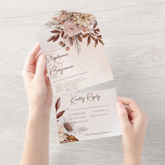 Rustiek Boho Blush Neutrals Bloemen Tan Diner All In One Uitnodiging (Afscheurbaar)