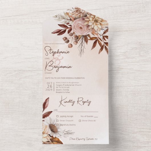 Rustiek Boho Blush Neutrals Bloemen Tan Diner All In One Uitnodiging (Binnen)