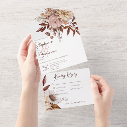 Rustiek Boho Blush Neutrals Bloemen Wit Diner All In One Uitnodiging (Afscheurbaar)