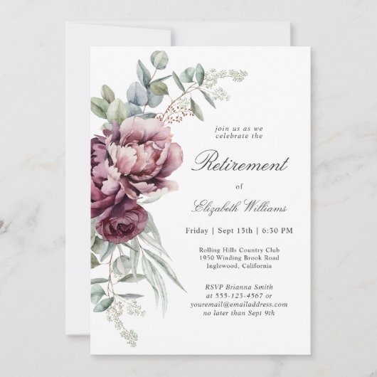 Rustiek Boho Bourgondië Plum Bloemen Pensioen Part Kaart (Voorkant)