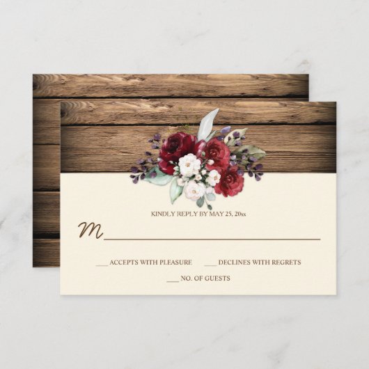 Rustiek Boho Bourgondië & Witte Rozen Schuur Hout RSVP Kaartje (Voorkant / Achterkant)