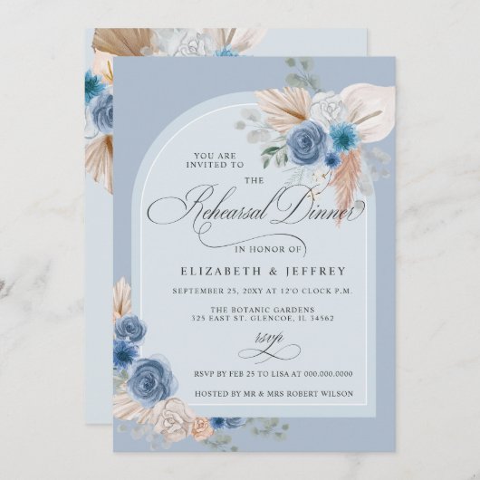 Rustiek Boho Dusty Blue Pampas repetitie diner Kaart (Voorkant / Achterkant)