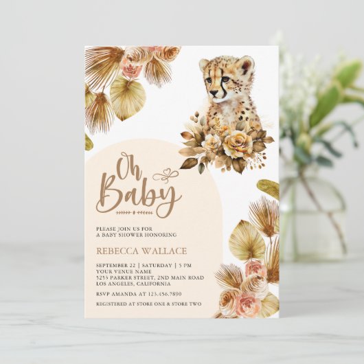 Rustiek Boho Floral Cheetah Meisje Baby shower Kaart (Staand voorkant)
