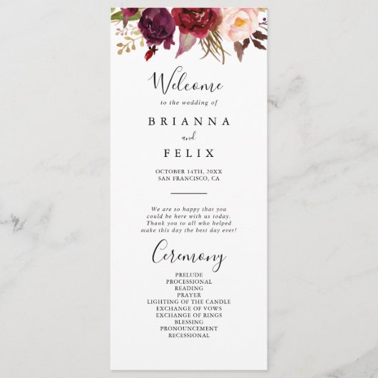 Rustiek Boho Kleurrijk Bloemen Bruiloft Programma Programmakaart (Voorkant)