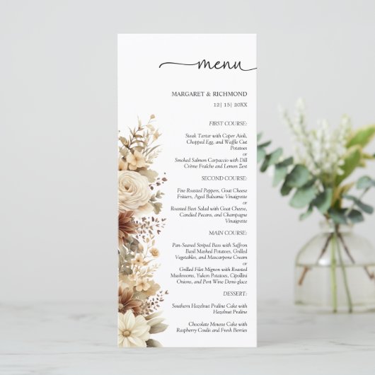 Rustiek Boho Neutraal Bloemen Trouwmenu Menu (Staand voorkant)