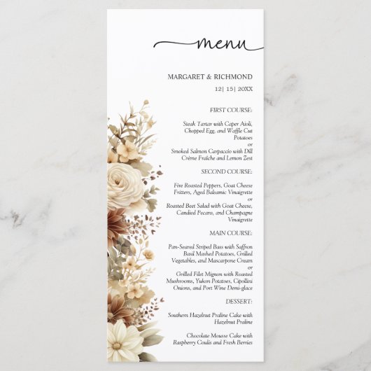 Rustiek Boho Neutraal Bloemen Trouwmenu Menu (Voorkant)