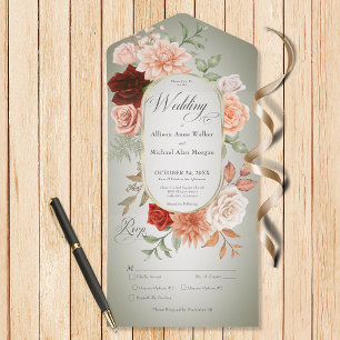 Rustiek Boho Roest & Perzik Bloemen Ovaal Salie Di All In One Uitnodiging