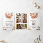 Rustiek Boho Roos Goud Ivoor Bloemen QR Code Bruil Drieluik Uitnodiging (Binnen)