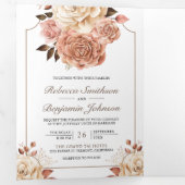 Rustiek Boho Roos Goud Ivoor Bloemen QR Code Bruil Drieluik Uitnodiging (Binnenzijde eerst)