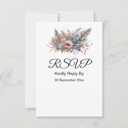 Rustiek Boho Zilver & Roze Bloemen RSVP Kaartje (Voorkant)