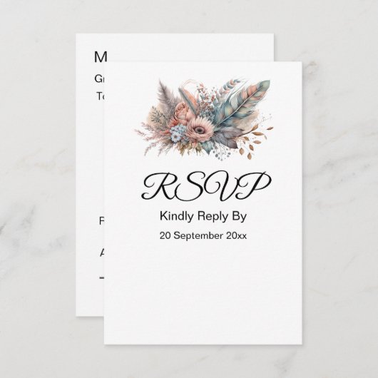 Rustiek Boho Zilver & Roze Bloemen RSVP Kaartje (Voorkant / Achterkant)