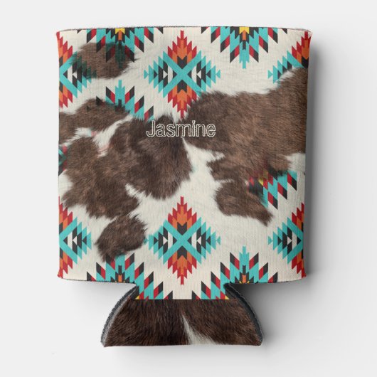  rustiek Boho zuidwestelijk Koeienhuid Turquoise Blikjeskoeler (Voorkant)