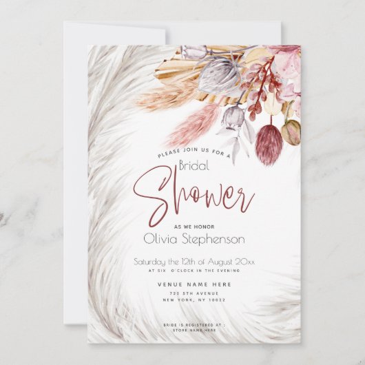 Rustiek bordeaux blos roze ivoor pampas gras kaart (Voorkant)