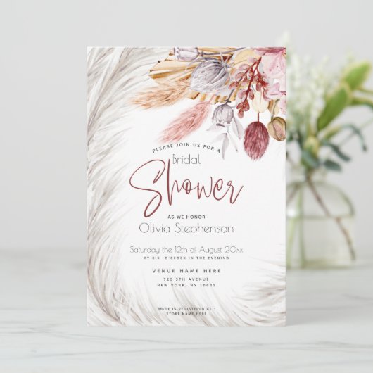 Rustiek bordeaux blos roze ivoor pampas gras kaart (Staand voorkant)