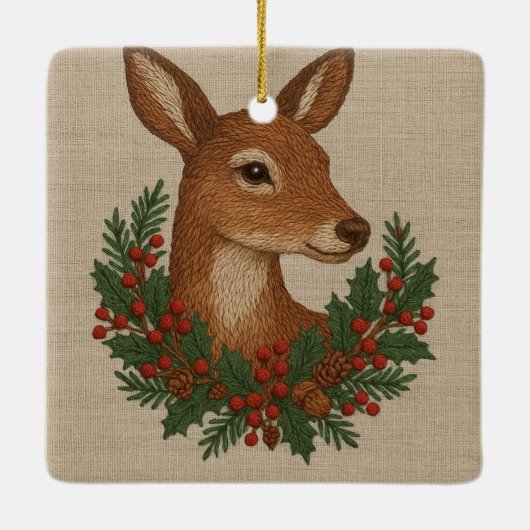 Rustiek borduurwerk Herten & Vakantie Groenen kers Keramisch Ornament (Achterkant)