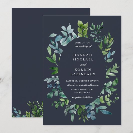 Rustiek bos bladeren ovaal Lijst marineblauw bruil Kaart (Voorkant / Achterkant)