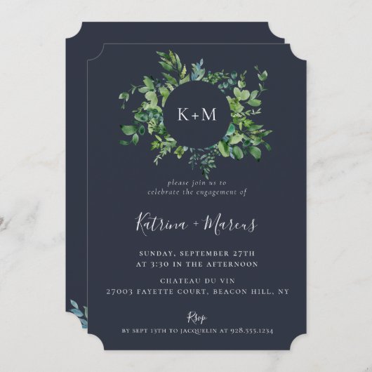 Rustiek bos gebladerte marine blauw verlovingsfees kaart (Voorkant / Achterkant)