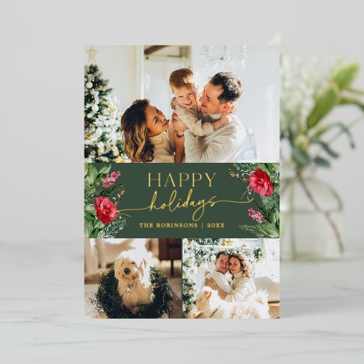 Rustiek Bos Groene Botanische Bloemen 3 Foto Goud Folie Feestdagenkaart (Staand Voorkant)