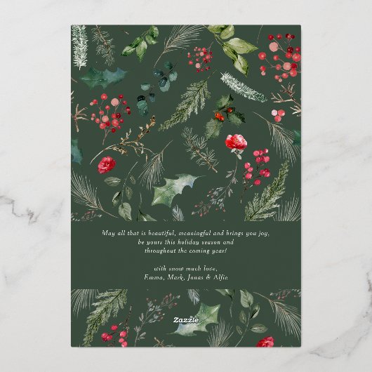 Rustiek Bos Groene Botanische Bloemen 3 Foto Goud Folie Feestdagenkaart (Achterkant)