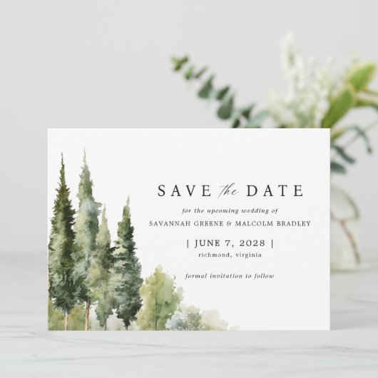 Rustiek Bos | Modern groen Outdoor bruiloft Save The Date (Staand voorkant)