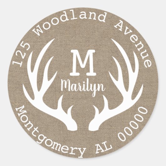 Rustiek bosgebied Herten Antlers Faux Burlap Adres Ronde Sticker (Voorkant)