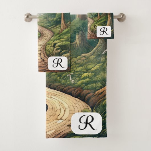 rustiek bospad met monogram bad handdoek (Insitu)